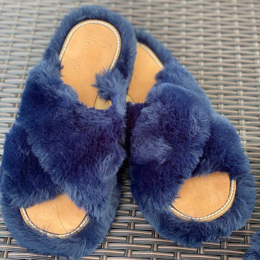 Flamingos Eco Fur Slippers Blue $450
